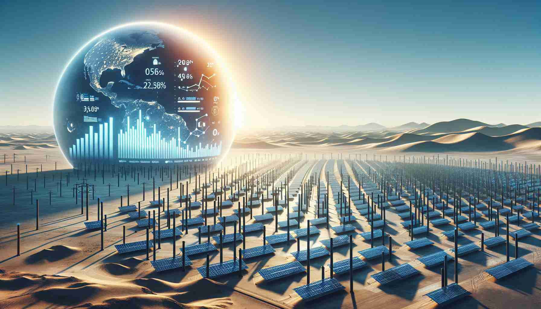 A high-definition, realistic image of a massive investment in clean energy infrastructure in the United Arab Emirates. The scene includes a multitude of solar panels spread across a vast desert landscape under a clear blue sky, thereby showcasing the evolution towards renewable, green energy. The image should also contain statics or infographics that illustrate the financial commitment into this initiative, such as bar graphs or pie charts, denoting the billion-dollar investment in this venture for a sustainable future.