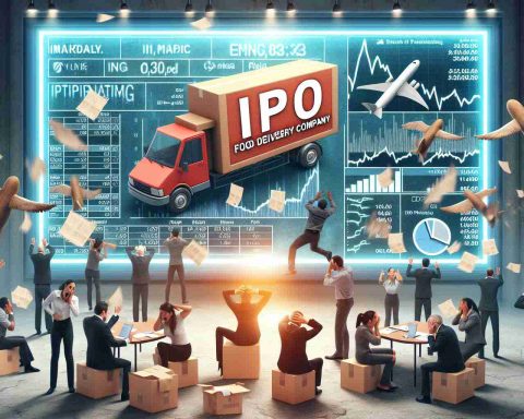 Generate a high-definition image illustrating a dramatic scene unfolding related to an initial public offering (IPO) of a fictional food delivery company. This drama could be represented by people showing various emotional reactions such as surprise, excitement, or disappointment, while looking at documents and screens showing financial data. A large sign with the logo of the imaginary company prominently displayed could be included to set the scene.