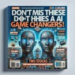 Generate a realistic HD image of a fictional magazine cover featuring the title 'Don’t Miss These AI Game Changers! Two Stocks That Could Challenge the King'. This cover should have eye-catching typography and incorporate imagery related to stocks and artificial intelligence.