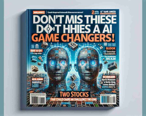 Generate a realistic HD image of a fictional magazine cover featuring the title 'Don’t Miss These AI Game Changers! Two Stocks That Could Challenge the King'. This cover should have eye-catching typography and incorporate imagery related to stocks and artificial intelligence.