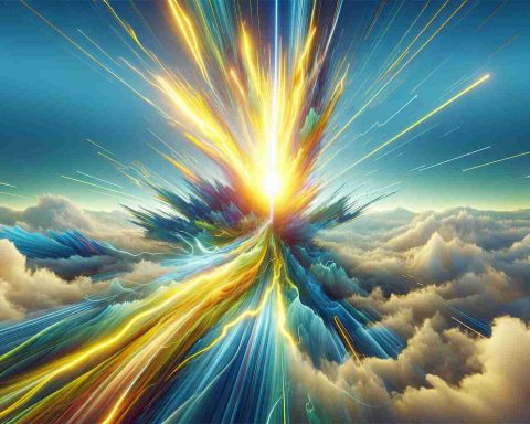 A high-definition illustration showcasing an abstract visualization of 'Energy Surge'. We see the allegorical depiction of energy as a tremendous, vibrant force reaching unprecedented heights. Dynamic streaks of radiant light in shades of bright yellow, neon green, and electric blue are breaking through the atmosphere, symbolizing the significant upsurge. The background is a clear, serene sky with fluffy clouds, indicating the altitude reached. Please keep this as a realistic interpretation.