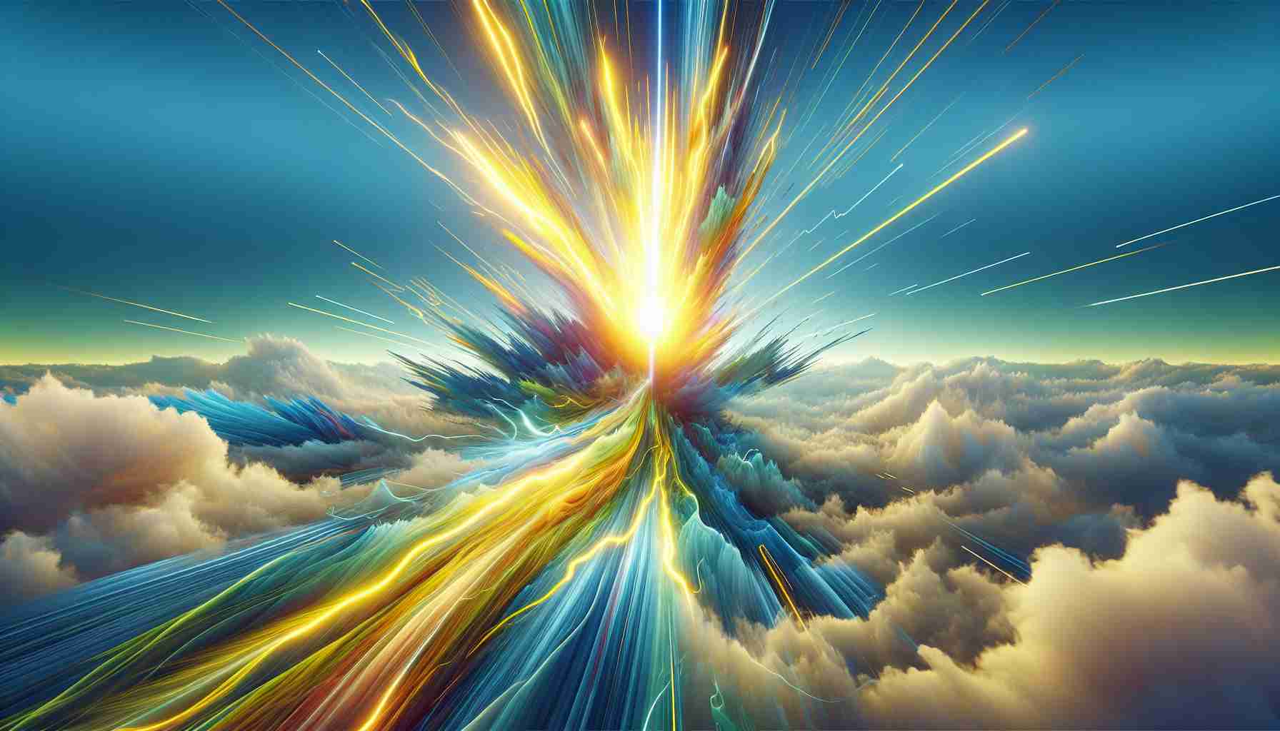 A high-definition illustration showcasing an abstract visualization of 'Energy Surge'. We see the allegorical depiction of energy as a tremendous, vibrant force reaching unprecedented heights. Dynamic streaks of radiant light in shades of bright yellow, neon green, and electric blue are breaking through the atmosphere, symbolizing the significant upsurge. The background is a clear, serene sky with fluffy clouds, indicating the altitude reached. Please keep this as a realistic interpretation.