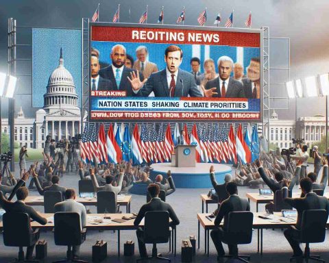 A realistic HD photo depicting the victory of a high-profile politician shaking climate priorities, with the nation states poised to stay the course. The image involves an intense reporting scene with several people showing varying reactions, placards and graphics related to climate changes, and imposing governmental buildings in the background.