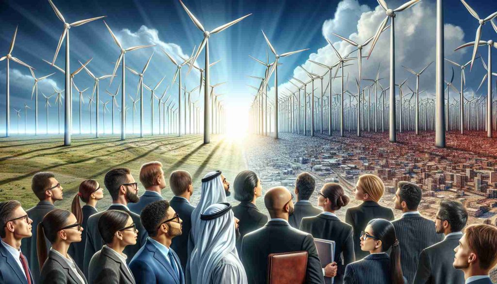 A detailed, high-definition image showing the concept of growth in wind energy investment. The scene comprises multiple elements: a large, sparklingly clean wind farm stretching towards the horizon under a bright blue sky, symbolizing wind energy. Adjacent to it, a diverse crowd of business people, from middle-eastern men in business suits to South Asian women holding portfolios and wearing glasses, all looking intently at the wind turbines, symbolizing investors. Their faces reflect anticipation and eagerness, demonstrating their interest and optimism in renewable energy advancements like never before.