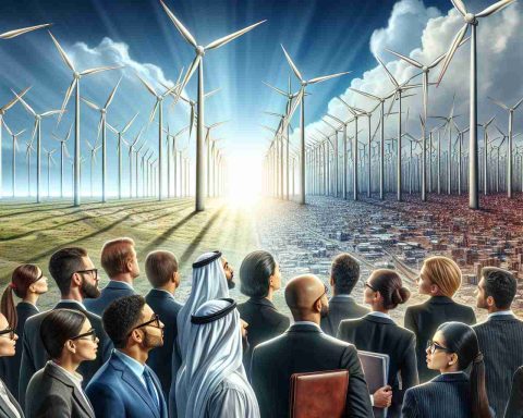 A detailed, high-definition image showing the concept of growth in wind energy investment. The scene comprises multiple elements: a large, sparklingly clean wind farm stretching towards the horizon under a bright blue sky, symbolizing wind energy. Adjacent to it, a diverse crowd of business people, from middle-eastern men in business suits to South Asian women holding portfolios and wearing glasses, all looking intently at the wind turbines, symbolizing investors. Their faces reflect anticipation and eagerness, demonstrating their interest and optimism in renewable energy advancements like never before.