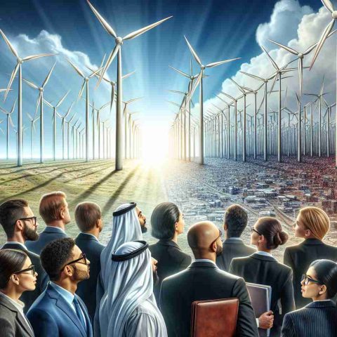 A detailed, high-definition image showing the concept of growth in wind energy investment. The scene comprises multiple elements: a large, sparklingly clean wind farm stretching towards the horizon under a bright blue sky, symbolizing wind energy. Adjacent to it, a diverse crowd of business people, from middle-eastern men in business suits to South Asian women holding portfolios and wearing glasses, all looking intently at the wind turbines, symbolizing investors. Their faces reflect anticipation and eagerness, demonstrating their interest and optimism in renewable energy advancements like never before.