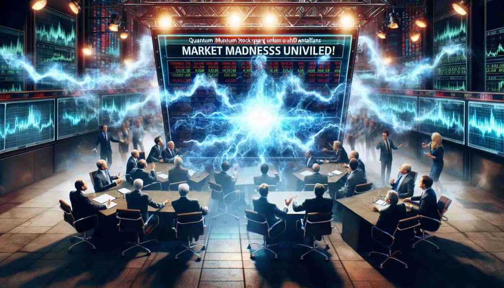 Create a realistic HD image that illustrates the concept of 'Market Madness Unveiled!'. The focus should be on a quantum stock sparking fierce debate. The scene can be set inside a stock exchange or a TV studio where market analysts are engaged in lively discussions. The atmosphere should be intense, reflecting the volatility of the quantum stock market.