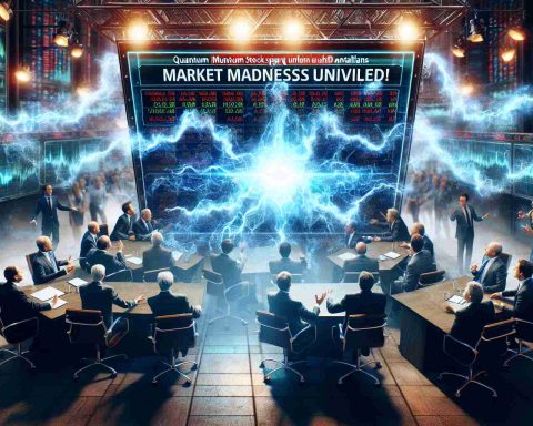 Create a realistic HD image that illustrates the concept of 'Market Madness Unveiled!'. The focus should be on a quantum stock sparking fierce debate. The scene can be set inside a stock exchange or a TV studio where market analysts are engaged in lively discussions. The atmosphere should be intense, reflecting the volatility of the quantum stock market.