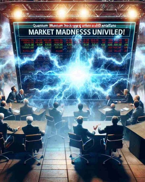 Create a realistic HD image that illustrates the concept of 'Market Madness Unveiled!'. The focus should be on a quantum stock sparking fierce debate. The scene can be set inside a stock exchange or a TV studio where market analysts are engaged in lively discussions. The atmosphere should be intense, reflecting the volatility of the quantum stock market.