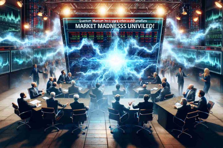 Create a realistic HD image that illustrates the concept of 'Market Madness Unveiled!'. The focus should be on a quantum stock sparking fierce debate. The scene can be set inside a stock exchange or a TV studio where market analysts are engaged in lively discussions. The atmosphere should be intense, reflecting the volatility of the quantum stock market.