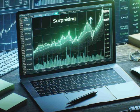 Detailed image of a computer screen displaying a virtual trading platform. The graph represents a strong, surprising surge in stock prices. The stock chart should be completely green, indicating a substantial increase. The background elements should include a keyboard, mouse, and notepad with written trading strategies.