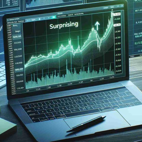 Detailed image of a computer screen displaying a virtual trading platform. The graph represents a strong, surprising surge in stock prices. The stock chart should be completely green, indicating a substantial increase. The background elements should include a keyboard, mouse, and notepad with written trading strategies.