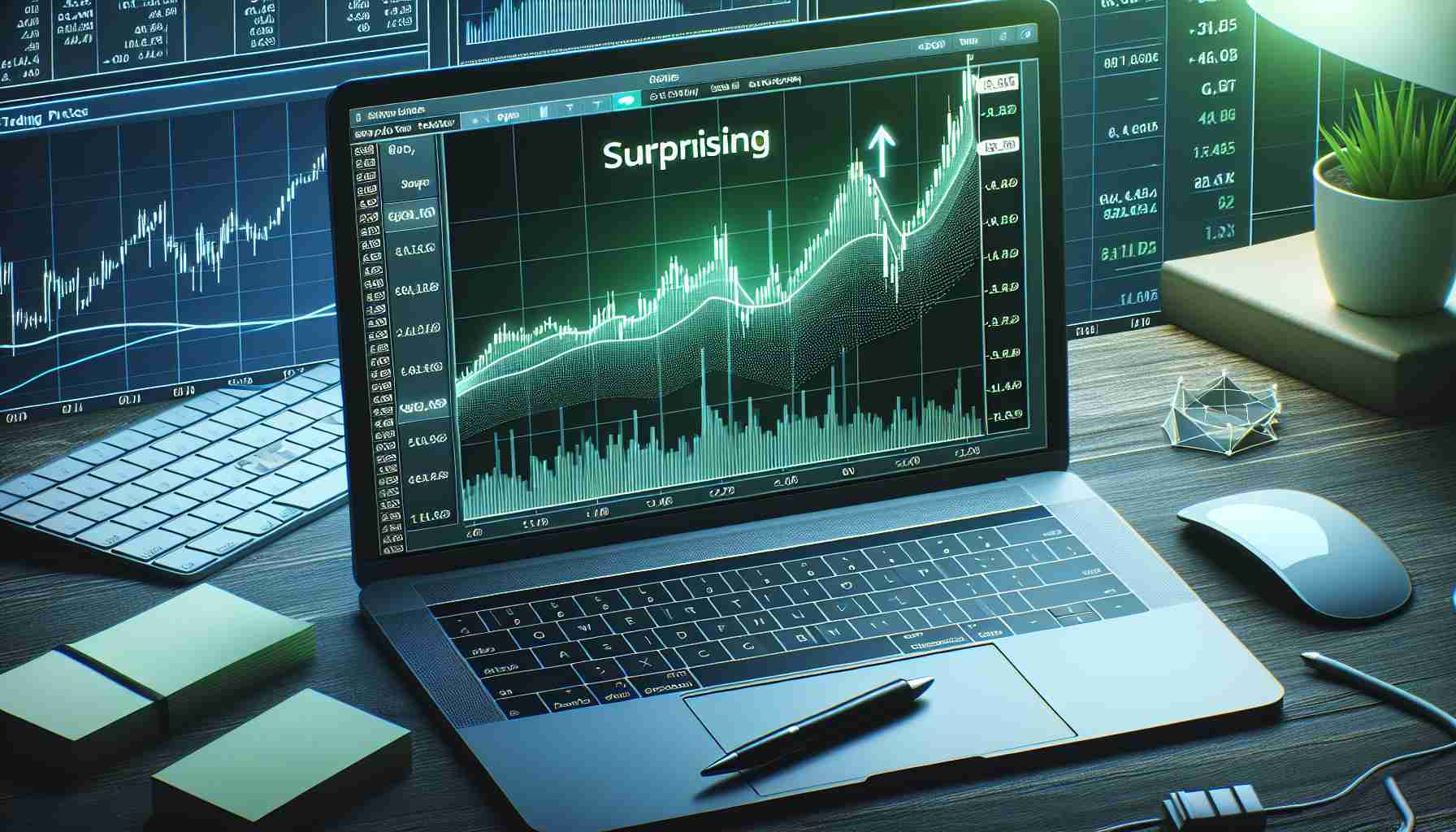 Detailed image of a computer screen displaying a virtual trading platform. The graph represents a strong, surprising surge in stock prices. The stock chart should be completely green, indicating a substantial increase. The background elements should include a keyboard, mouse, and notepad with written trading strategies.