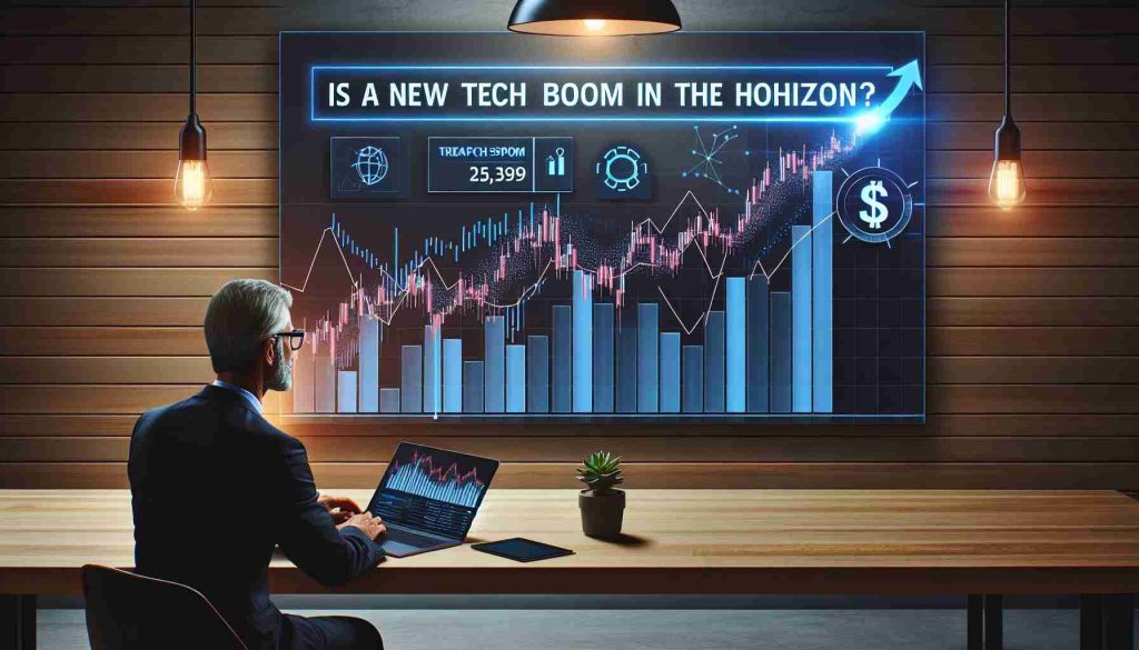 Create a realistic high definition image displaying a bar chart of Amazon's rising share prices that surpass expectations, with a large bold heading above the chart reading 'Is a New Tech Boom on the Horizon?'