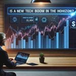 Create a realistic high definition image displaying a bar chart of Amazon's rising share prices that surpass expectations, with a large bold heading above the chart reading 'Is a New Tech Boom on the Horizon?'