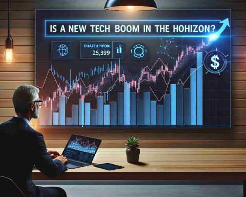 Create a realistic high definition image displaying a bar chart of Amazon's rising share prices that surpass expectations, with a large bold heading above the chart reading 'Is a New Tech Boom on the Horizon?'