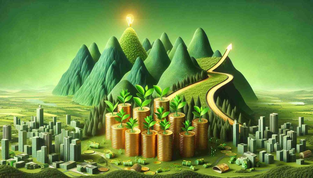 An HD representation illustrating a green investment revolution. Depict mountains of gold coins and green plant sprouts symbolizing new growth and development. Infuse the scene with a surprising twist to the usual investment strategy. This could be illustrated by a winding path leading to a green city, representing environmental sustainability and innovative solutions.