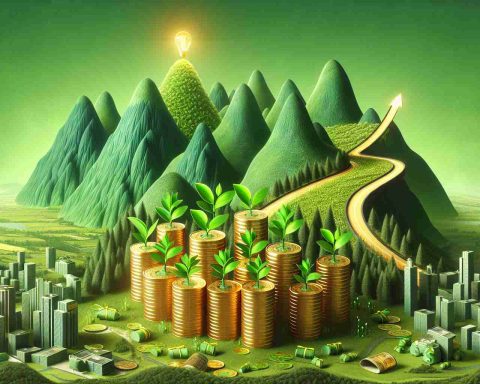 An HD representation illustrating a green investment revolution. Depict mountains of gold coins and green plant sprouts symbolizing new growth and development. Infuse the scene with a surprising twist to the usual investment strategy. This could be illustrated by a winding path leading to a green city, representing environmental sustainability and innovative solutions.