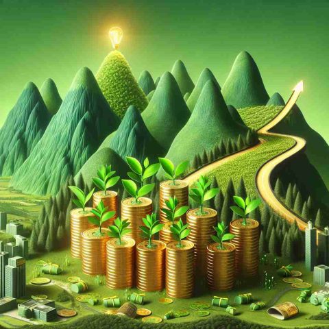 An HD representation illustrating a green investment revolution. Depict mountains of gold coins and green plant sprouts symbolizing new growth and development. Infuse the scene with a surprising twist to the usual investment strategy. This could be illustrated by a winding path leading to a green city, representing environmental sustainability and innovative solutions.