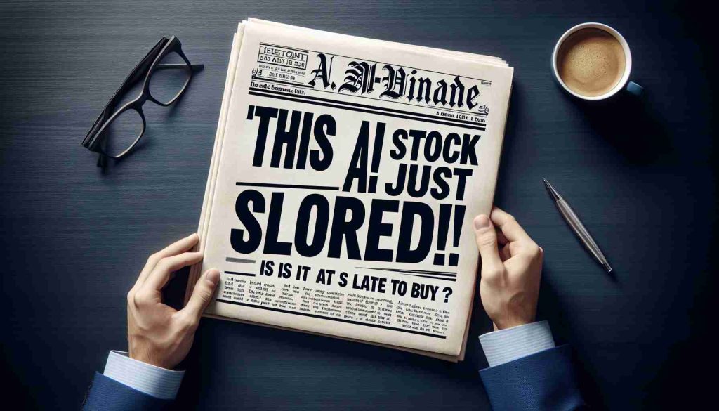 Create a realistic high-definition image of a financial newspaper headline that reads 'This AI Stock Just Soared! But Is It Too Late to Buy?' The headline is bold and striking, reflecting the sense of excitement inherent in the financial markets.