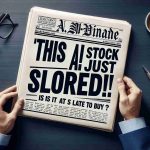 Create a realistic high-definition image of a financial newspaper headline that reads 'This AI Stock Just Soared! But Is It Too Late to Buy?' The headline is bold and striking, reflecting the sense of excitement inherent in the financial markets.