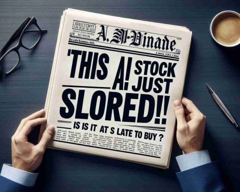 Create a realistic high-definition image of a financial newspaper headline that reads 'This AI Stock Just Soared! But Is It Too Late to Buy?' The headline is bold and striking, reflecting the sense of excitement inherent in the financial markets.