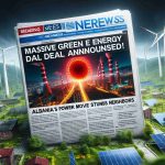 Generate a high-definition, realistic image of a breaking news announcement on an energy deal. The headline reads, 'Massive Green Energy Deal Announced!' and a subtitle following the headline further explains 'Albania's Power Move Stuns Neighbors.' The background should include imagery related to green energy such as wind turbines, solar panels or hydroelectric dams. The overall tone of the image should evoke surprise and intrigue.