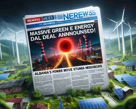 Generate a high-definition, realistic image of a breaking news announcement on an energy deal. The headline reads, 'Massive Green Energy Deal Announced!' and a subtitle following the headline further explains 'Albania's Power Move Stuns Neighbors.' The background should include imagery related to green energy such as wind turbines, solar panels or hydroelectric dams. The overall tone of the image should evoke surprise and intrigue.