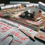 A highly detailed, realistic photograph showcasing a delayed community project. The image displays blueprints and plans spread out on a table, diagrams and notes filled with red markings of alterations. Close by, the architectural model of the project gathers dust, indicating the extensive delay. There's a sign nearby saying 'Plans Put On Hold' and headlines in a local newspaper highlighting the delay in the essential community project.