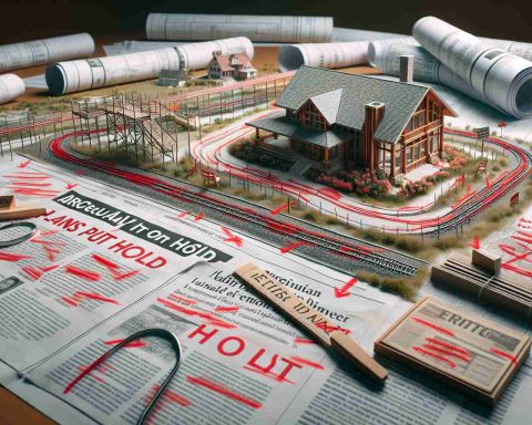 A highly detailed, realistic photograph showcasing a delayed community project. The image displays blueprints and plans spread out on a table, diagrams and notes filled with red markings of alterations. Close by, the architectural model of the project gathers dust, indicating the extensive delay. There's a sign nearby saying 'Plans Put On Hold' and headlines in a local newspaper highlighting the delay in the essential community project.