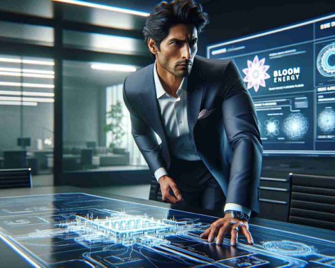 A realistic, high-definition image of a South Asian male CEO making a bold move. He's in a contemporary office setting, confidently striding forward, with high-tech blueprints of energy harnessing systems spread across the desk in front of him. The company logo 'Bloom Energy' is prominently displayed on a glossy, futuristic screen in the background. He's wearing a sharp suit, his demeanor serious, determined, eyes focused on unseen objectives ahead. The tension in the air raises questions about what's next for the company.