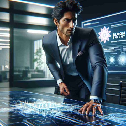 A realistic, high-definition image of a South Asian male CEO making a bold move. He's in a contemporary office setting, confidently striding forward, with high-tech blueprints of energy harnessing systems spread across the desk in front of him. The company logo 'Bloom Energy' is prominently displayed on a glossy, futuristic screen in the background. He's wearing a sharp suit, his demeanor serious, determined, eyes focused on unseen objectives ahead. The tension in the air raises questions about what's next for the company.