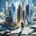 A highly detailed, realistic portrayal of a significant financial investment in the United States made by a prominent Indian businessman. This investment is depicted as a game-changing event, visualized through impactful imagery such as skyscrapers, physical infrastructure, and paperwork indicating a large amount of money changing hands.