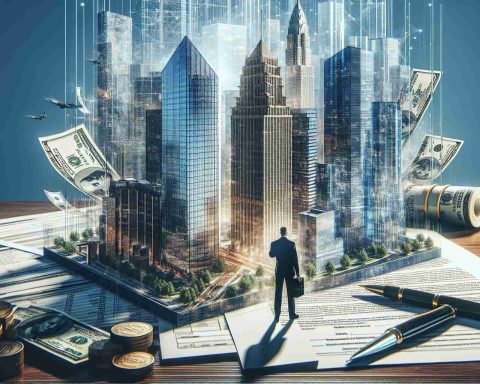 A highly detailed, realistic portrayal of a significant financial investment in the United States made by a prominent Indian businessman. This investment is depicted as a game-changing event, visualized through impactful imagery such as skyscrapers, physical infrastructure, and paperwork indicating a large amount of money changing hands.