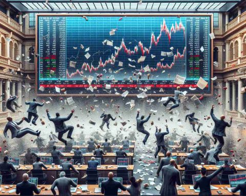 Highly detailed and realistic image representing a metaphor of a disappointing initial public offering (IPO). Visualize a scene at a traditional stock exchange where investors, of various descents and genders, are in a state of panic and confusion. There are crumbling pieces of papers falling down from above, symbolizing failing stocks, while the investors are desperately attempting to catch them. On the big electronic stock market display above, the predominantly red color indicates a massive decline in stock prices.