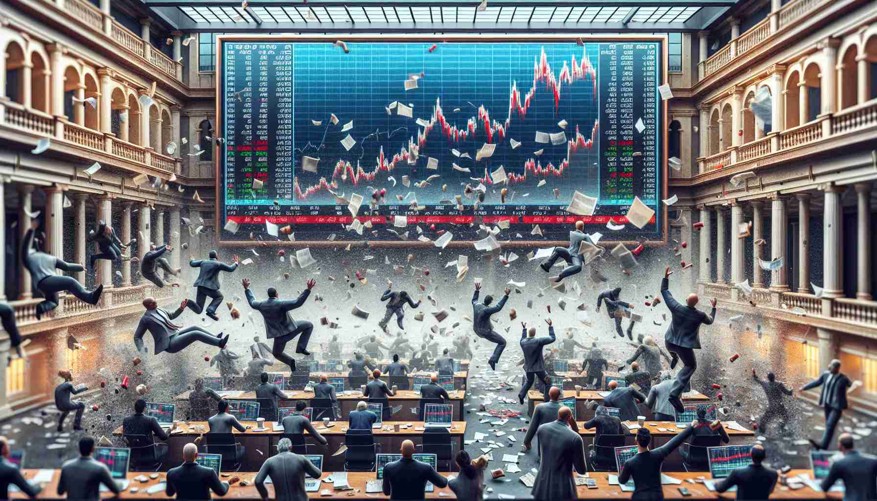 Highly detailed and realistic image representing a metaphor of a disappointing initial public offering (IPO). Visualize a scene at a traditional stock exchange where investors, of various descents and genders, are in a state of panic and confusion. There are crumbling pieces of papers falling down from above, symbolizing failing stocks, while the investors are desperately attempting to catch them. On the big electronic stock market display above, the predominantly red color indicates a massive decline in stock prices.