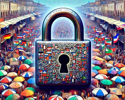 Generate a high-definition, realistic illustration of a concept image representing 'Unlock Hidden Tricks! What You Didn't Know About Market Flags'. Perhaps this can depict a large intricate lock with various stylized world flags subtly incorporated into its design, set against a bustling open-air market background teeming with various stalls selling a diverse array of goods. The key to unlocking the lock is placed tantalizingly close, presenting the essence of discovery and untapped potential.