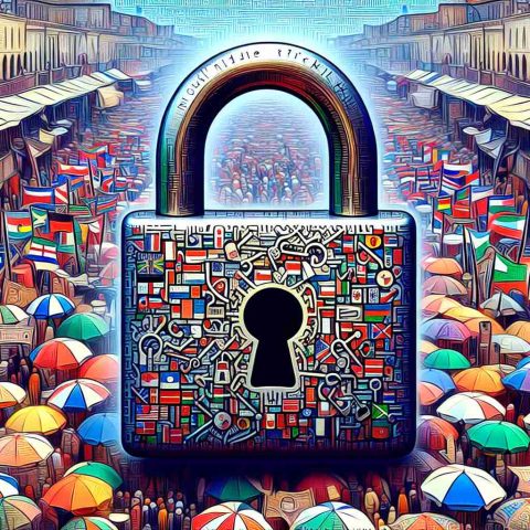 Generate a high-definition, realistic illustration of a concept image representing 'Unlock Hidden Tricks! What You Didn't Know About Market Flags'. Perhaps this can depict a large intricate lock with various stylized world flags subtly incorporated into its design, set against a bustling open-air market background teeming with various stalls selling a diverse array of goods. The key to unlocking the lock is placed tantalizingly close, presenting the essence of discovery and untapped potential.