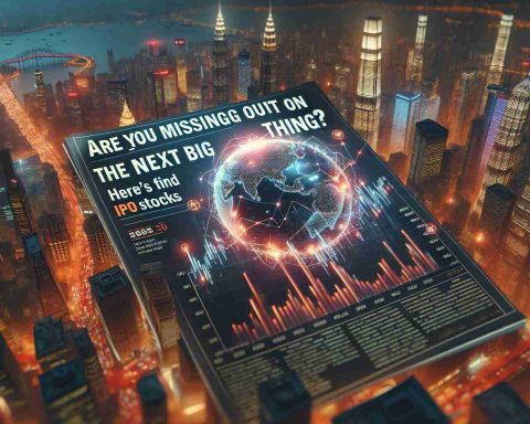 A highly detailed, HD image featuring a magazine style layout. The headline reads 'Are you Missing Out on the Next Big Thing? Here's How to Find IPO Stocks'. This scene also includes an image of an illuminated stock market graph, surrounded by the hustle and bustle of a busy city landscape, symbolizing economic activity. The city is lit up against a twilight sky, capturing the rush and thrill associated with the stock market and new investment opportunities.