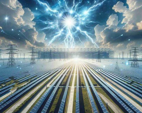 High definition image showcasing the expansion of a giant solar power plant. Illustrate sprawling fields of solar panels stretched out under a clear sky with powerful sunlight. The image should also portray the energy flow from sunlight to electricity, perhaps through symbolic or illustrative elements like radiating light patterns or electricity sparks.