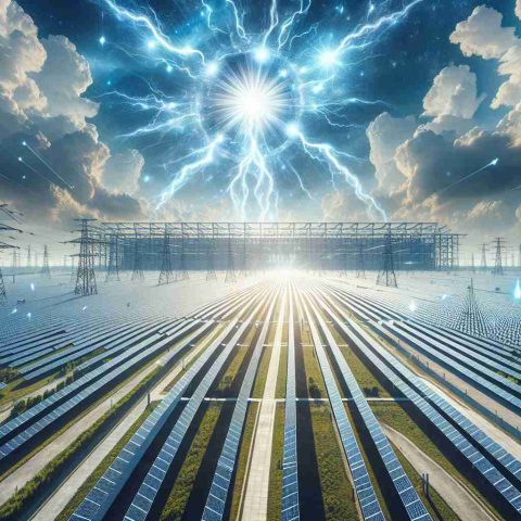 High definition image showcasing the expansion of a giant solar power plant. Illustrate sprawling fields of solar panels stretched out under a clear sky with powerful sunlight. The image should also portray the energy flow from sunlight to electricity, perhaps through symbolic or illustrative elements like radiating light patterns or electricity sparks.