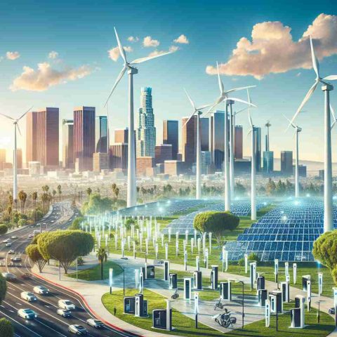 A detailed, high-definition image illustrating a significant advancement in green energy in Los Angeles. Picture towering wind turbines soaring against a clear sky, stretching as far as the eye can see. Add solar panels shimmering under the brilliant sunlight, harnessing the power of nature amidst the urban landscape. Include innovative charging stations distributed throughout the city, symbolizing the rise of electric vehicles. The backdrop demonstrates the iconic architecture of Los Angeles alongside lush green public parks, reflecting the balance between development and sustainability.