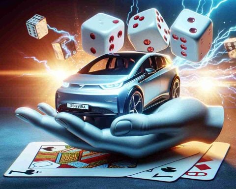 Realistic, high-definition image of a conceptual representation of a bold gamble by Rivian, the electric vehicle company. Focus on the symbolic elements like a pair of dice or a deck of cards, reflecting uncertainty and risk. Also, depict a shocking and unpredictable shift in the electric vehicle market competition clearly visible in the background.