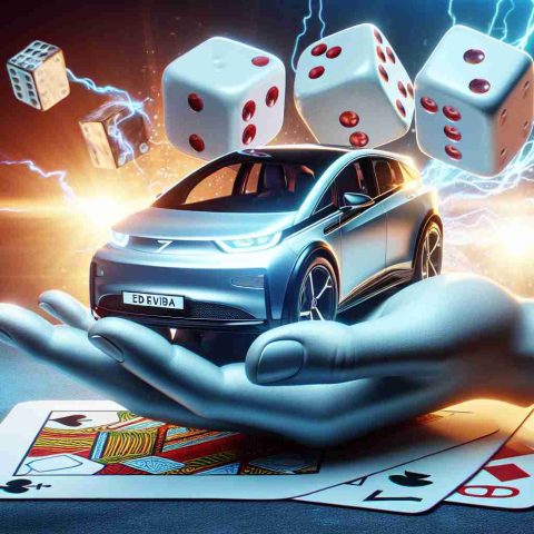 Realistic, high-definition image of a conceptual representation of a bold gamble by Rivian, the electric vehicle company. Focus on the symbolic elements like a pair of dice or a deck of cards, reflecting uncertainty and risk. Also, depict a shocking and unpredictable shift in the electric vehicle market competition clearly visible in the background.