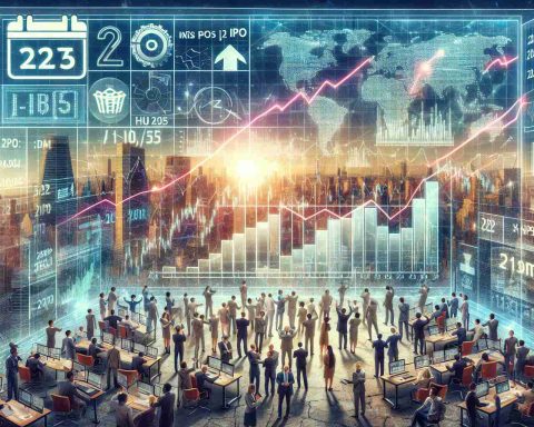 Generate a detailed image symbolizing the anticipation of an initial public offering (IPO) boom in 2025. The composition could include elements like a large bullish market graph, a calendar set to the year 2025, and a crowd of diverse business professionals, each excitedly observing the projected growth. Since this is a representation of the future, you might also add subtle futuristic aspects to the scene like high-tech devices or city skylines with modern architecture.