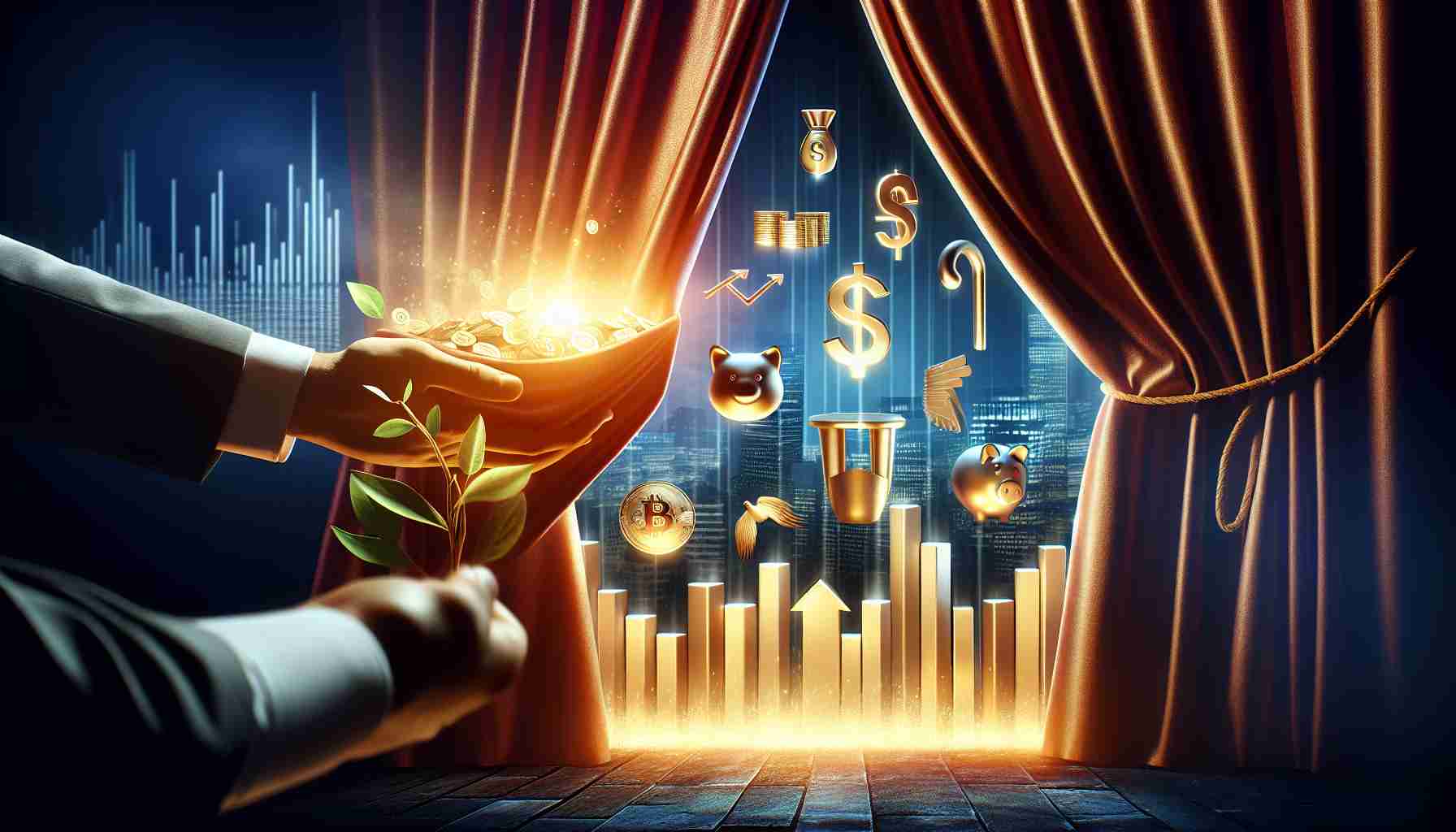 Create a high-definition, realistic image representing the concept of investments being unveiled, with a strong emphasis on abundant opportunities. The scene might include a curtain being pulled back to reveal symbols of various investment opportunities such as stocks, bonds, real estate, and precious metals. The overall mood should be one of excitement and promise, with vibrant colors and a sense of overwhelming potential.