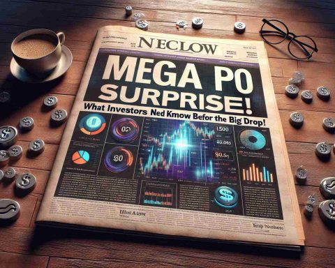 Create a high-definition 3D image of a visually appealing financial newspaper headline. The headline states: 'Mega IPO Surprise! What Investors Need to Know Before the Big Drop'. The headline is bold and the font size is large. The background is filled with various investment icons like dollar signs, stock charts, and pie graphs. The paper is lying flat on a wooden table with a cup of coffee and glasses beside it. The lighting should create a dramatic effect hinting at the intensity of the news.