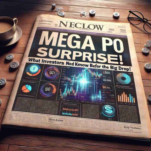 Create a high-definition 3D image of a visually appealing financial newspaper headline. The headline states: 'Mega IPO Surprise! What Investors Need to Know Before the Big Drop'. The headline is bold and the font size is large. The background is filled with various investment icons like dollar signs, stock charts, and pie graphs. The paper is lying flat on a wooden table with a cup of coffee and glasses beside it. The lighting should create a dramatic effect hinting at the intensity of the news.