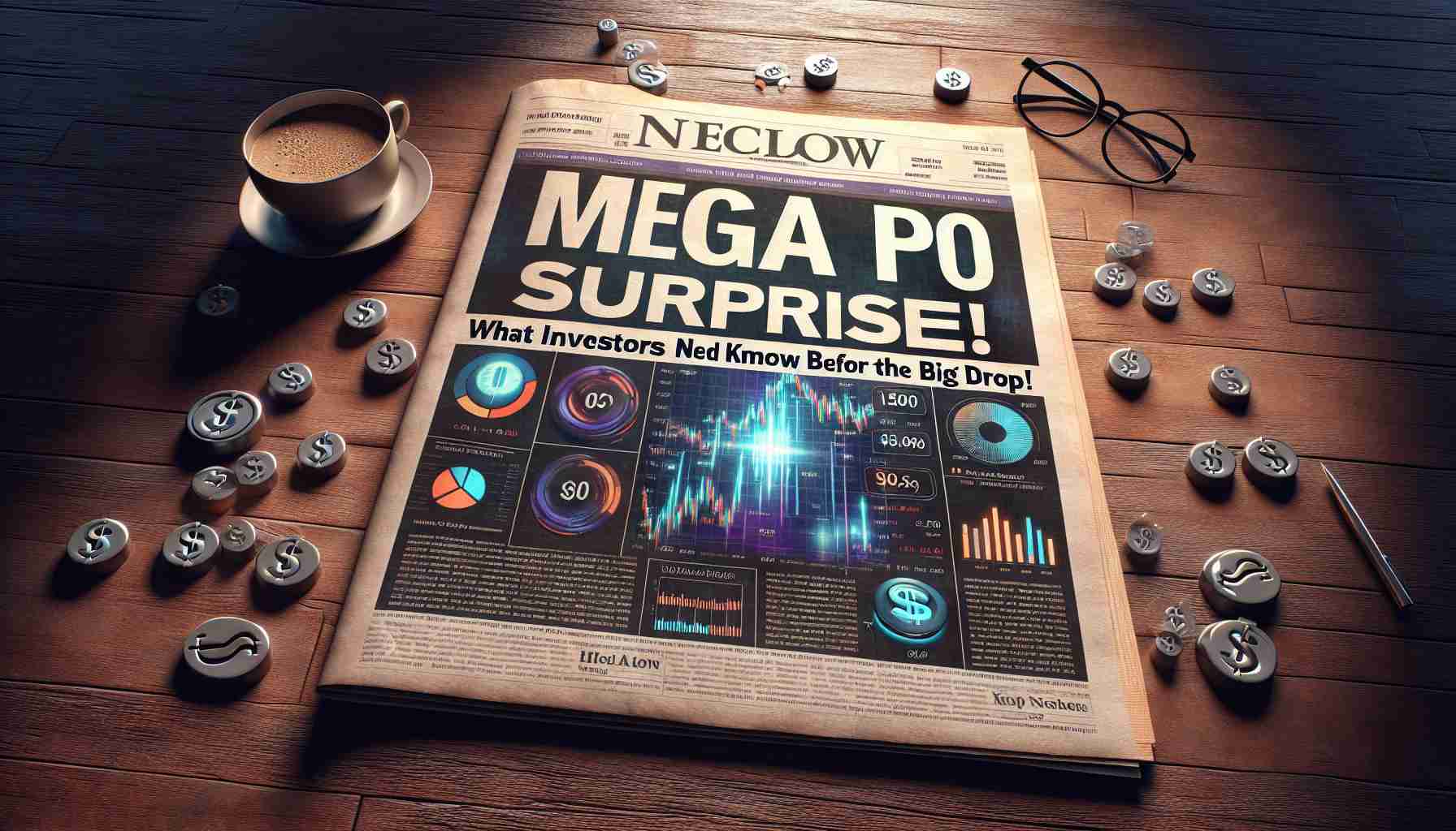 Create a high-definition 3D image of a visually appealing financial newspaper headline. The headline states: 'Mega IPO Surprise! What Investors Need to Know Before the Big Drop'. The headline is bold and the font size is large. The background is filled with various investment icons like dollar signs, stock charts, and pie graphs. The paper is lying flat on a wooden table with a cup of coffee and glasses beside it. The lighting should create a dramatic effect hinting at the intensity of the news.