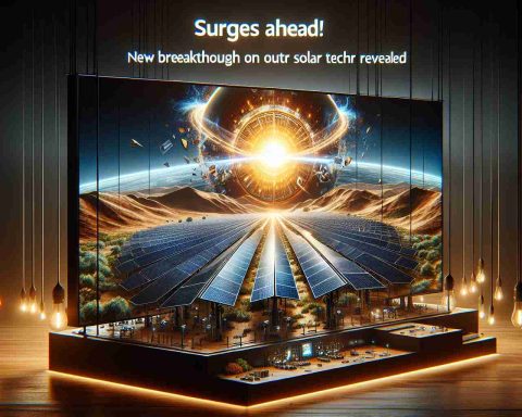 A high-definition, realistic image presenting groundbreaking advancements in solar technology, characterized by Enphase Energy. The scene depicts solar panels harnessing the power of the sun, with engrossing details highlighting the cutting-edge solar technology and energy efficiency. The display is accompanied by warm, glowing text that says 'Surges Ahead! New Breakthrough in Solar Tech Revealed', depicting an optimistic outlook on future energy possibilities.